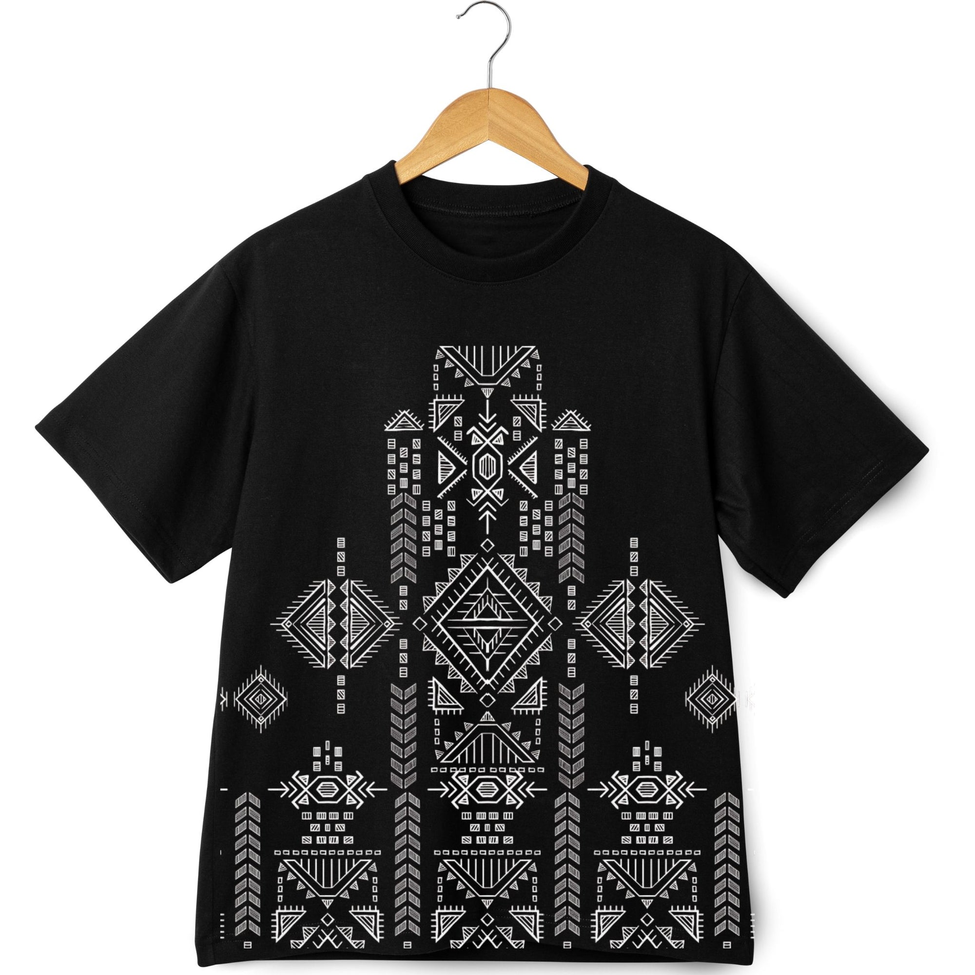 Black T-Shirt with Geometric Tribal Pattern
