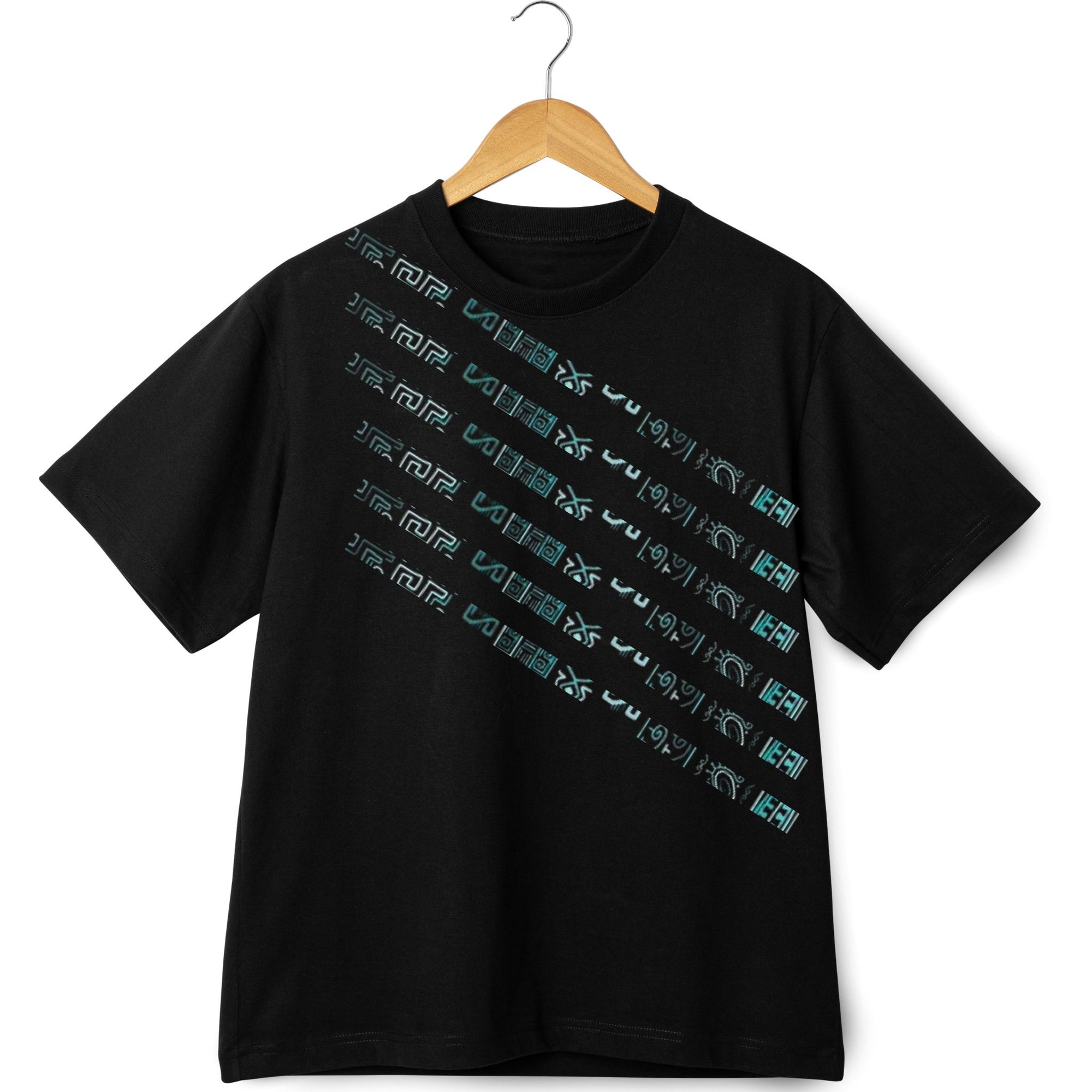 Black T-Shirt with Diagonal Futuristic Glyph Print