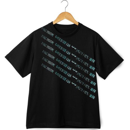 Black T-Shirt with Diagonal Futuristic Glyph Print