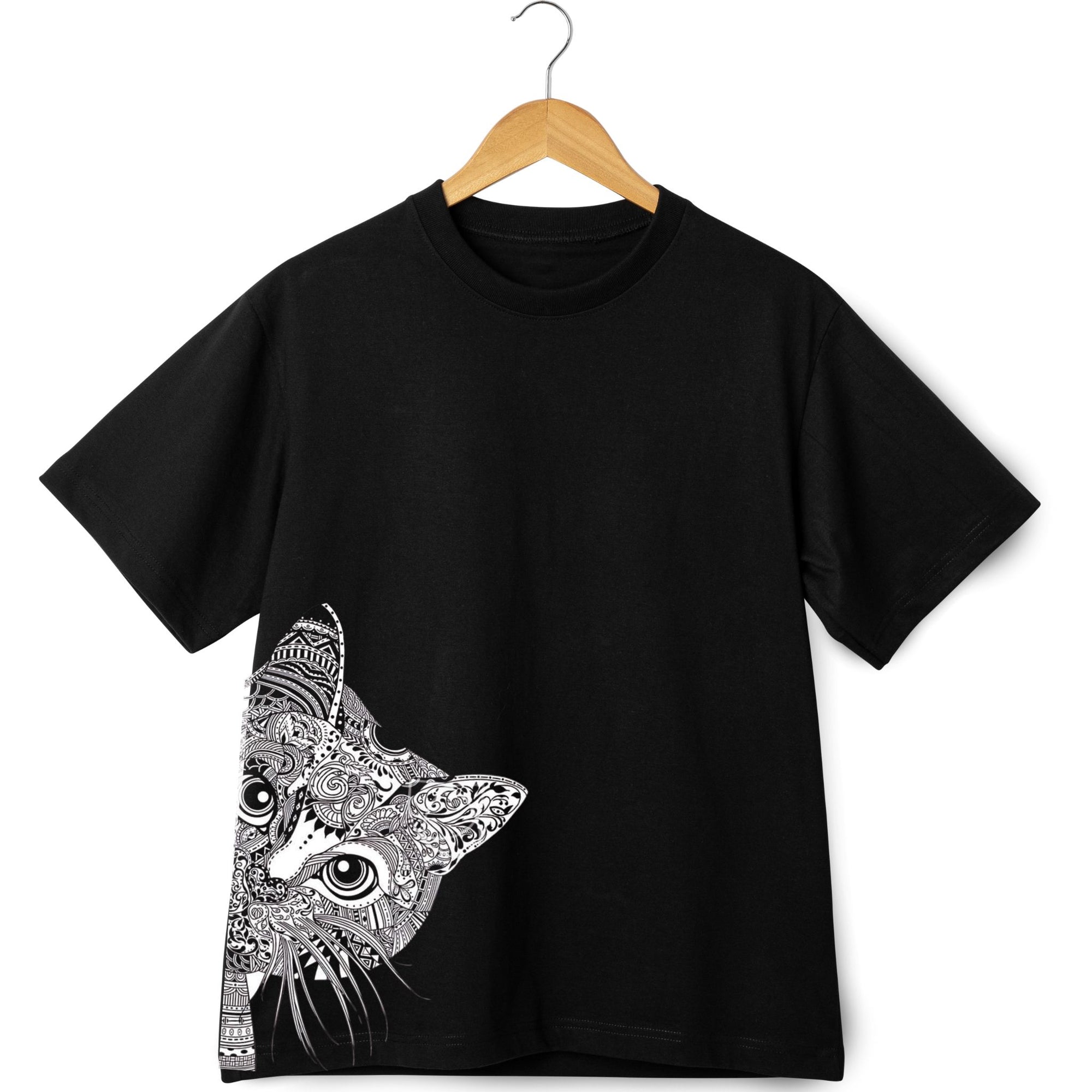 Black T-Shirt with Ornate Cat Illustration in Corner Print